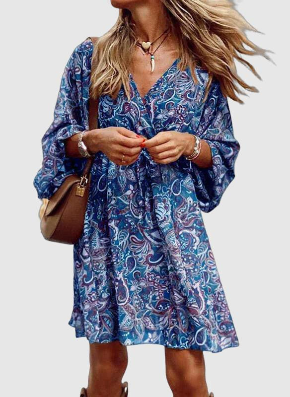 Mini Dress | Vintage Print V-Neck Casual Summer Dress