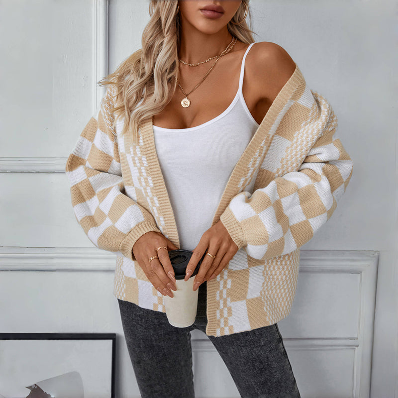 Odina Cardigan | Women's Autumn Casual Checked Knitted Cardigan