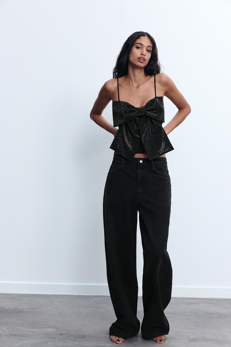 Cirellaine Party Top | Black Glitter Bow Strap Top for Women