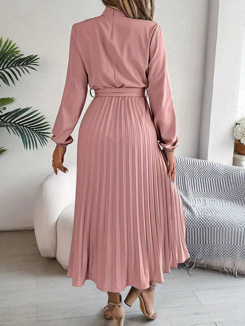 Bethan Midi Dress | Women’s Elegant Midi Dress with Stand Collar and Pleated Waist Belt