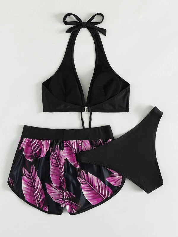 Dalvienne Bikini Set | Halter Bikini Top with High-Waisted Tropical Print Swim Shorts