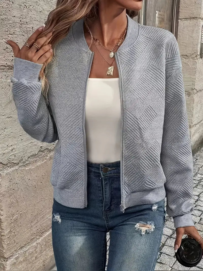 Qamar Cardigan | Women's Autumn Zip-Up Textured Cardigan with Ribbed Hem