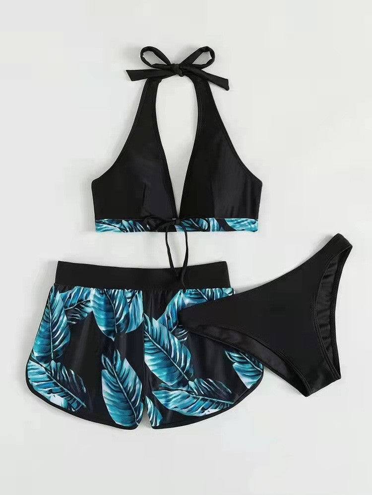 Dalvienne Bikini Set | Halter Bikini Top with High-Waisted Tropical Print Swim Shorts