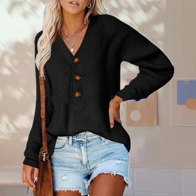 Nahlah Jumper | Women's Autumn Buttoned V-Neck Knitted Jumper