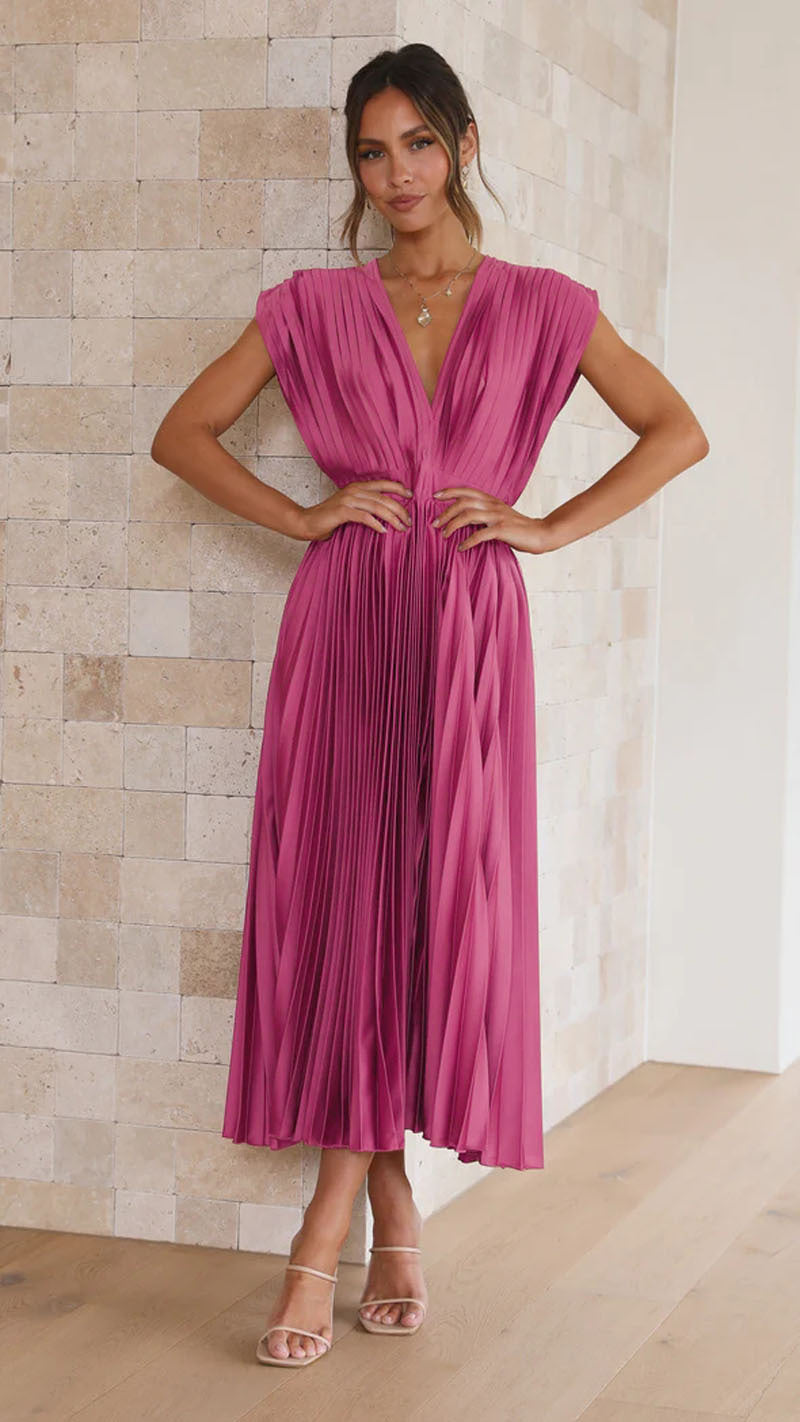 Dorealis Dress | Pleated Midi Dress with V-Neckline and Elegant Flowing Fit