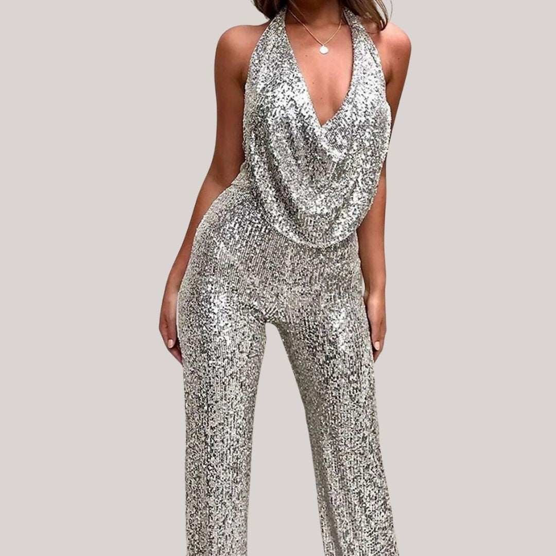 Paulette Jumpsuit | Glitter Jumpsuit with Neckline