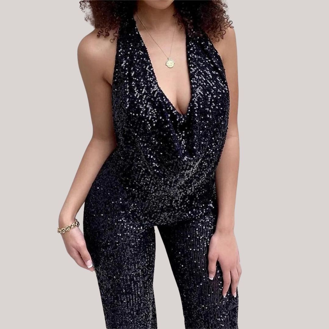 Paulette Jumpsuit | Glitter Jumpsuit with Neckline