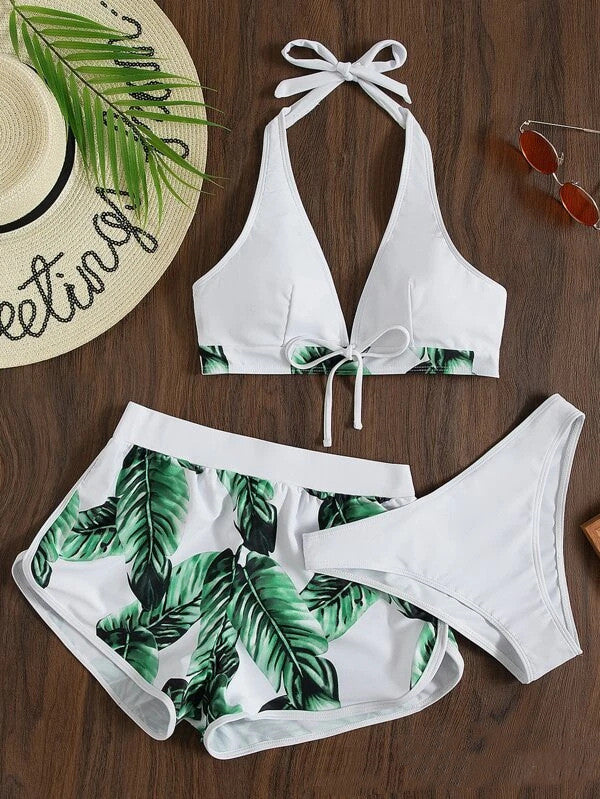 Dalvienne Bikini Set | Halter Bikini Top with High-Waisted Tropical Print Swim Shorts