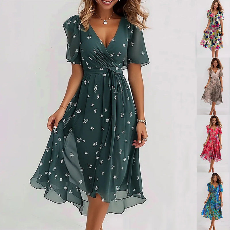 Fionelle Dress | Vibrant V-Neck Midi Dress with Flowy Fit and Short Flutter Sleeves