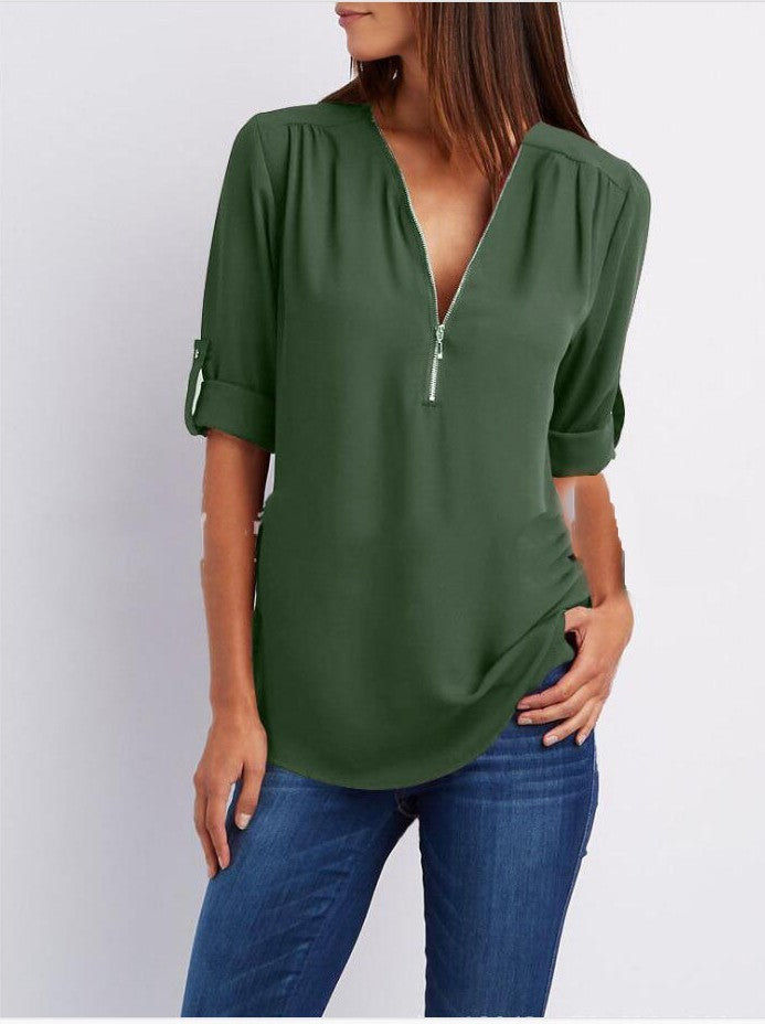 Nerida Top | Women's Autumn Zip V-Neck Loose Top