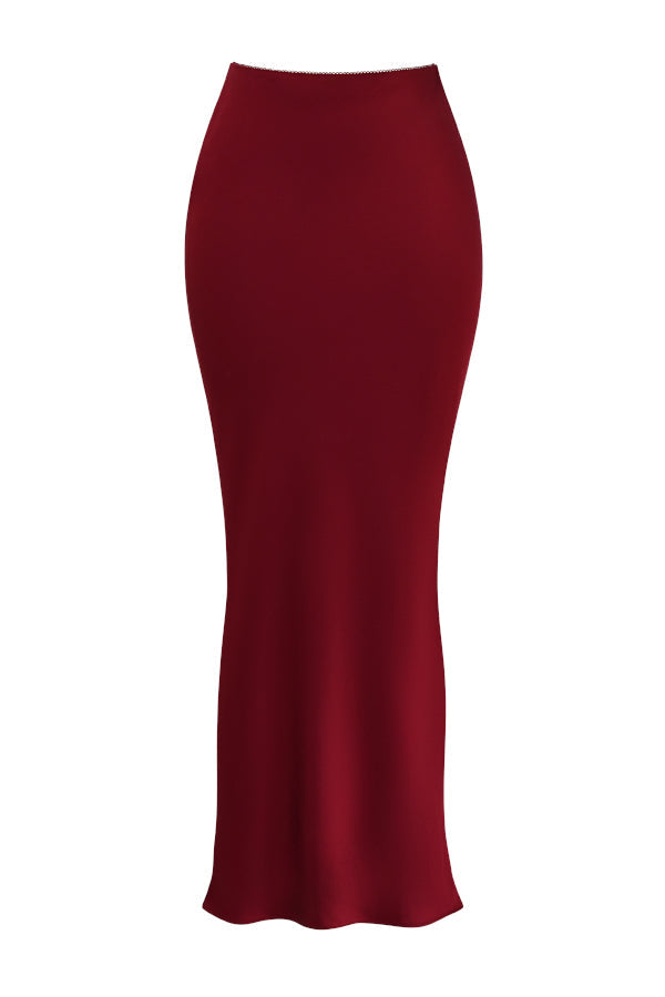 Bianca Two-Piece Set | Ruby Red Lace-Back Corset and Asymmetrical Satin Maxi Skirt