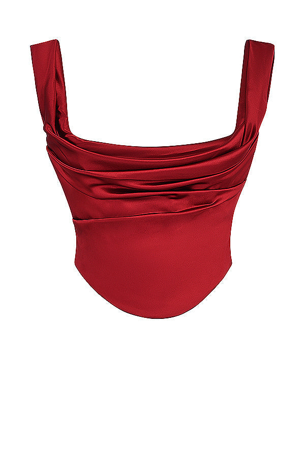 Bianca Two-Piece Set | Ruby Red Lace-Back Corset and Asymmetrical Satin Maxi Skirt