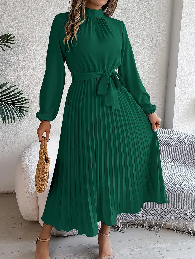 Bethan Midi Dress | Women’s Elegant Midi Dress with Stand Collar and Pleated Waist Belt