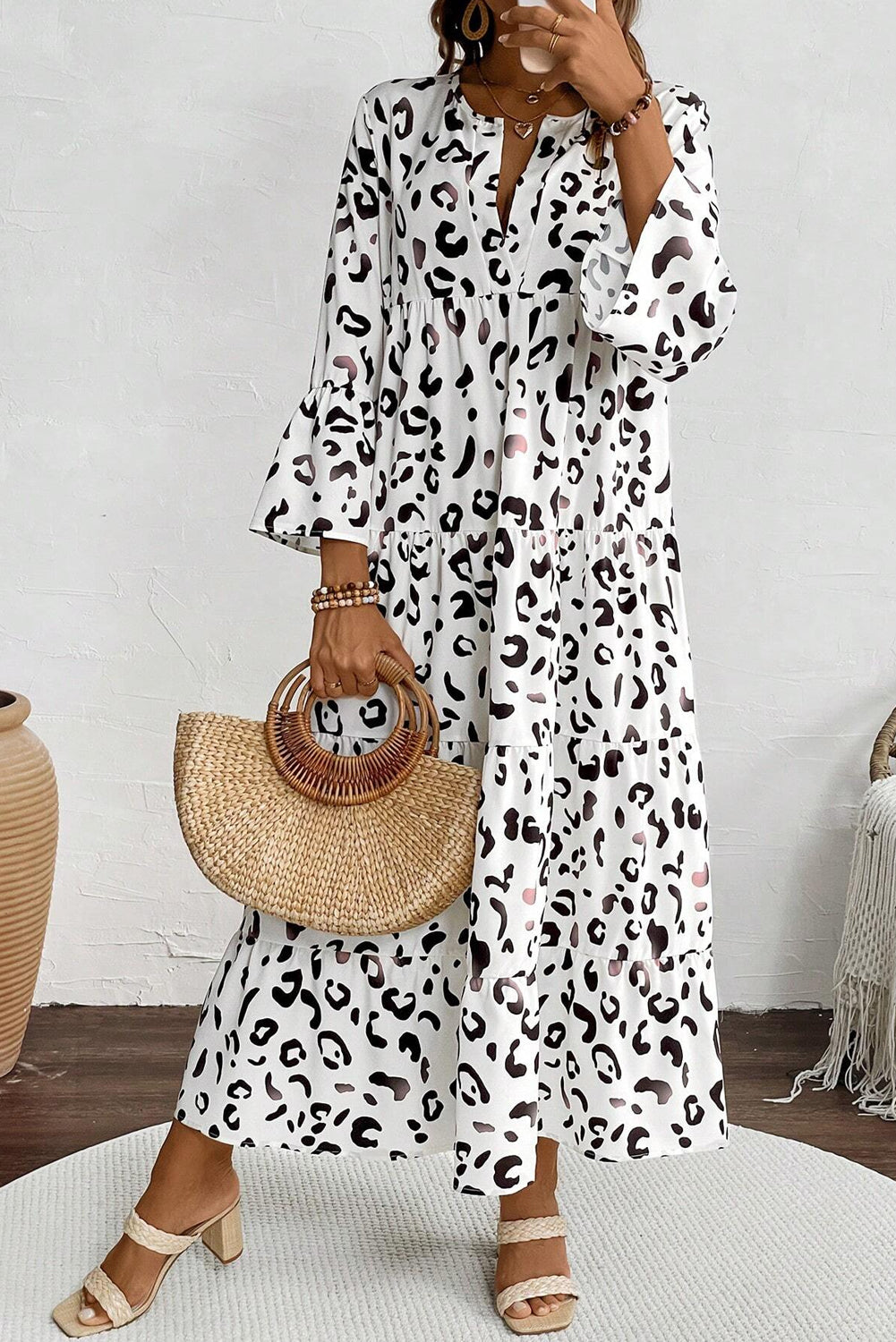Ximena Maxi Dress | White Leopard Print Loose Fit Dress