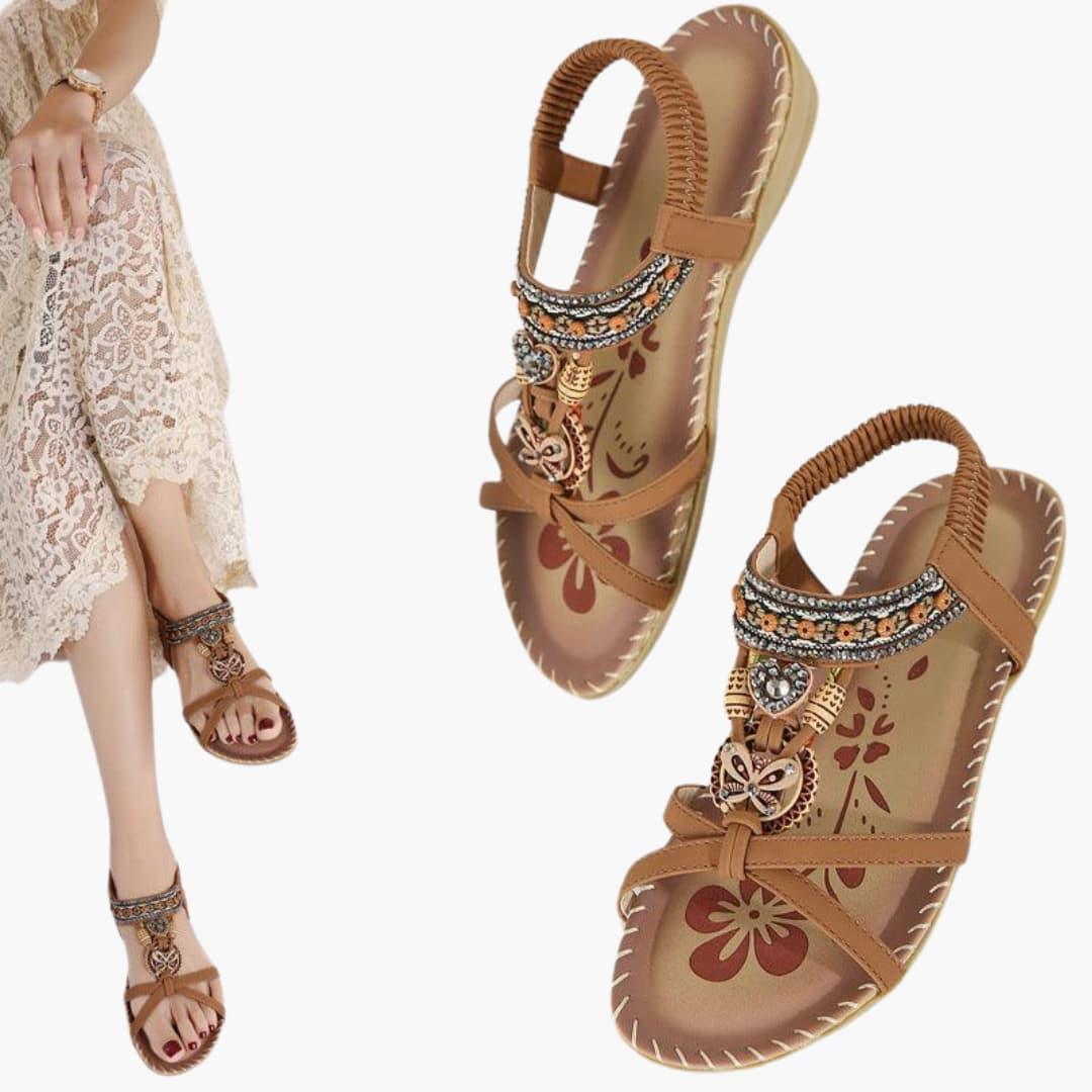 Amber Flat Sandals | Women’s Beaded Boho Sandals with Elastic Strap and Flexible Sole