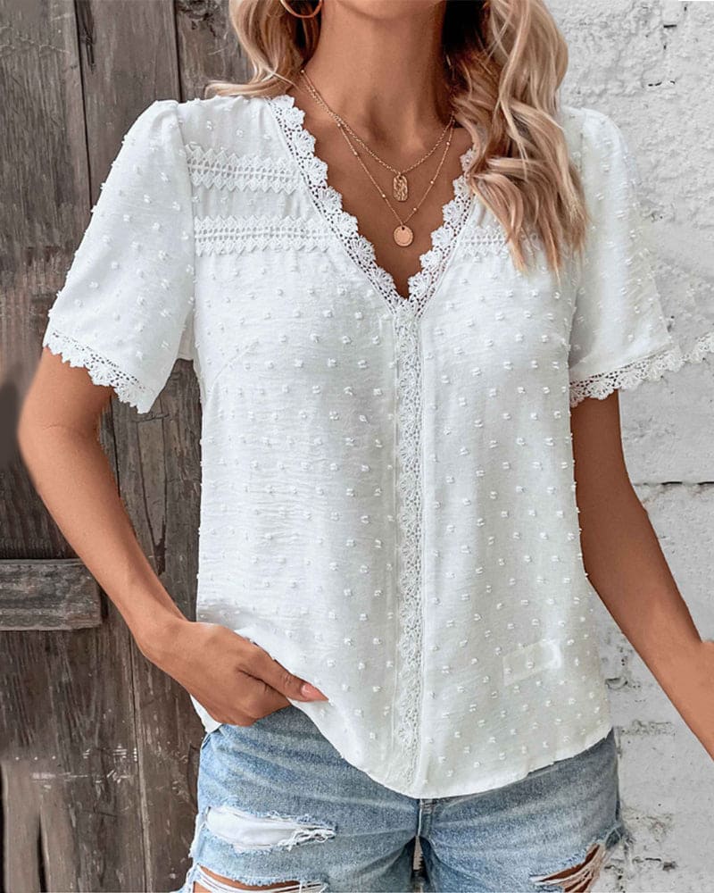 Blythe Lace Blouse | Women’s Elegant Lace V-Neck Blouse with Short Sleeves