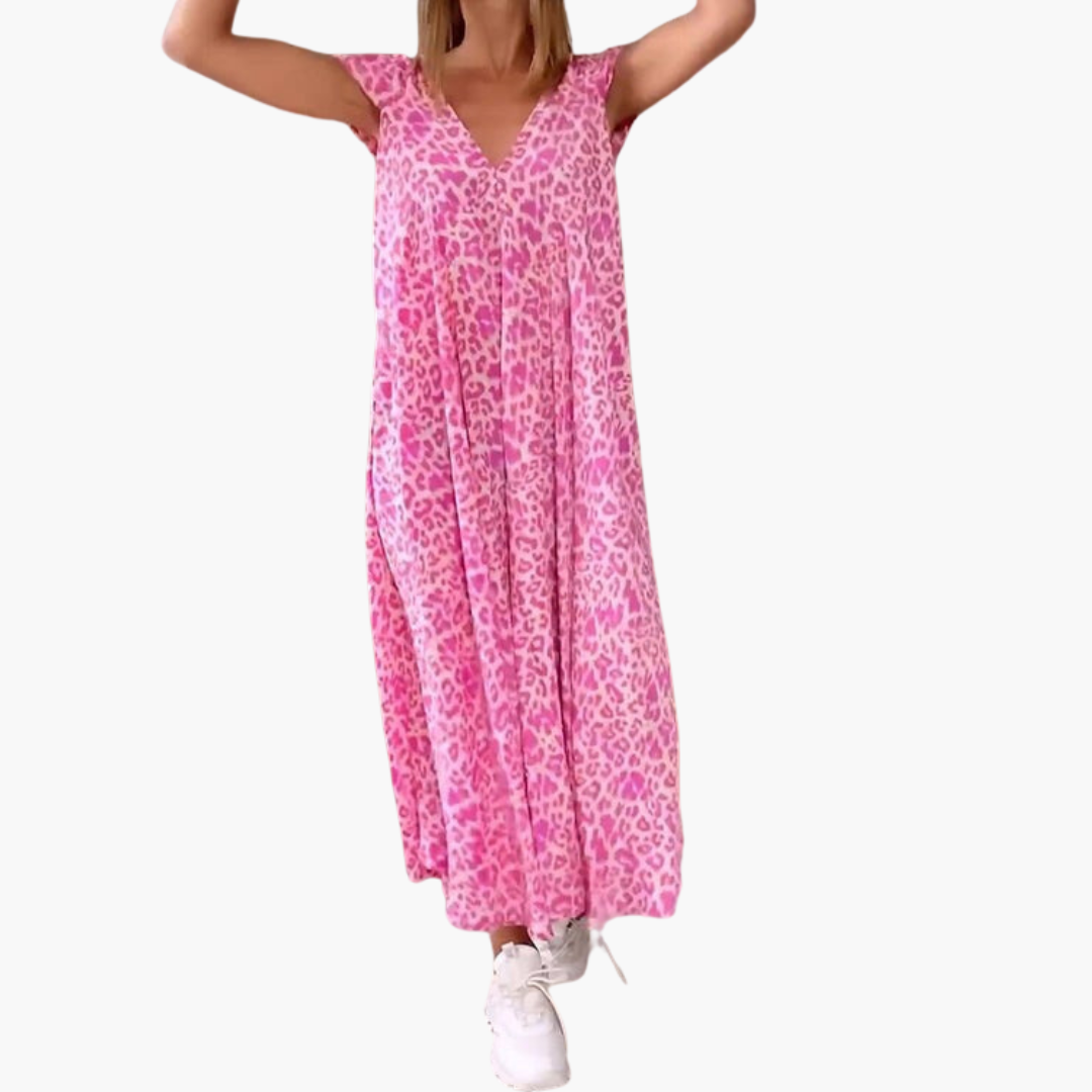 Amelia Midi Dress | Women’s Leopard Print V-Neck Midi Dress with Loose Fit