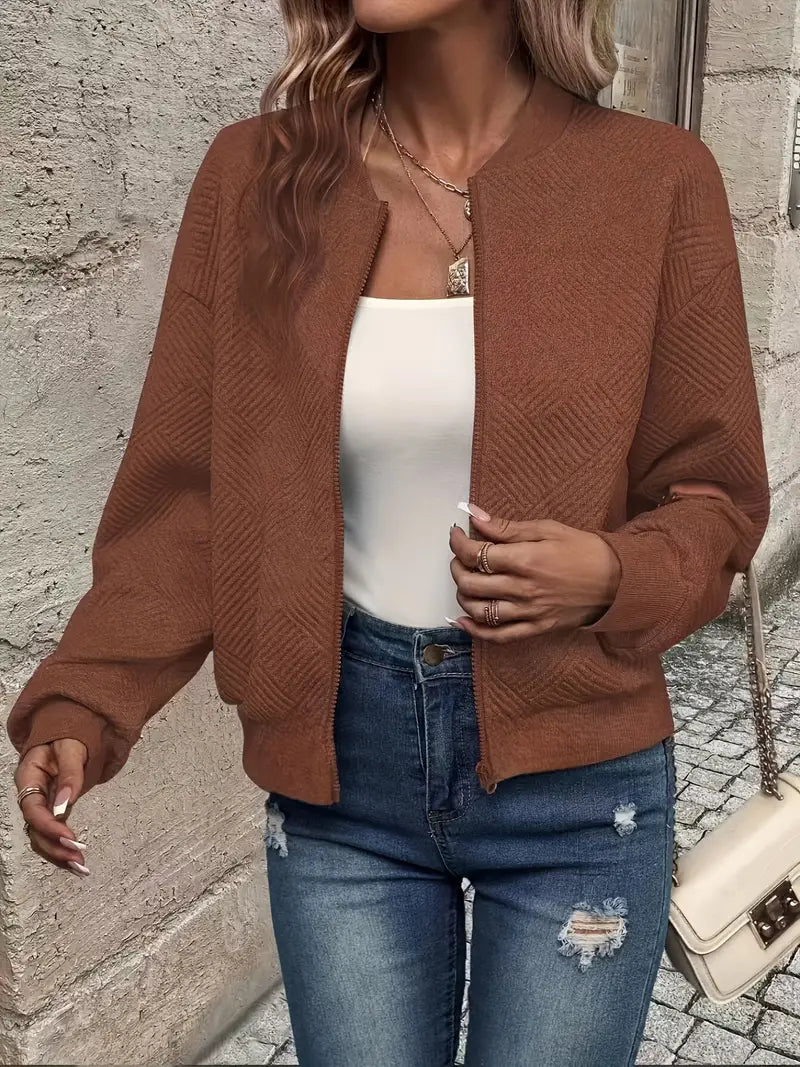 Qamar Cardigan | Women's Autumn Zip-Up Textured Cardigan with Ribbed Hem