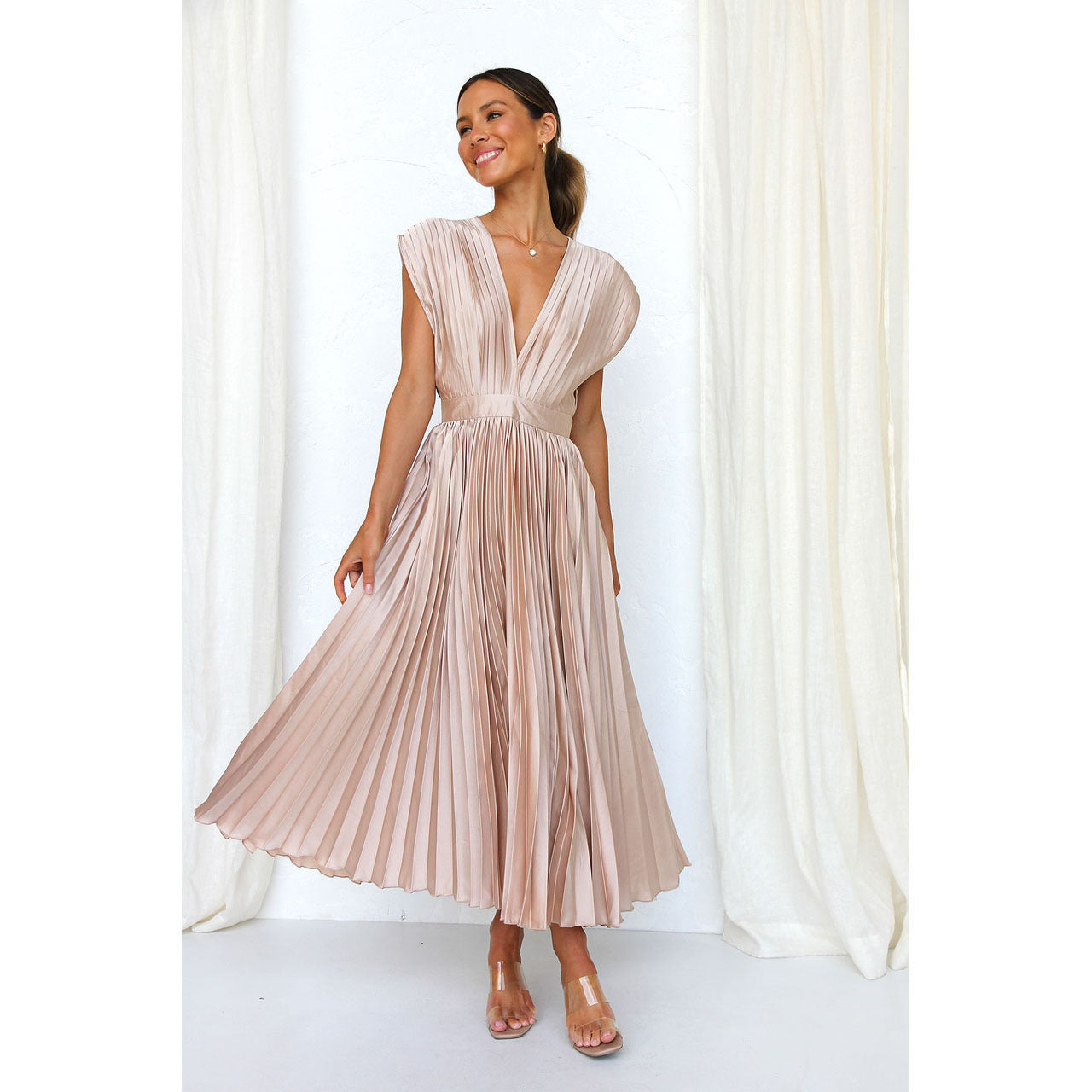 Dorealis Dress | Pleated Midi Dress with V-Neckline and Elegant Flowing Fit