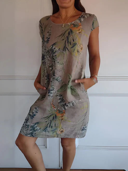 Cyralie Summer Dress | Tropical Print Short-Sleeve Casual Dress with Pockets