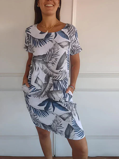 Cyralie Summer Dress | Tropical Print Short-Sleeve Casual Dress with Pockets