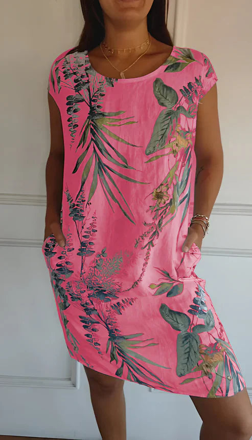 Cyralie Summer Dress | Tropical Print Short-Sleeve Casual Dress with Pockets