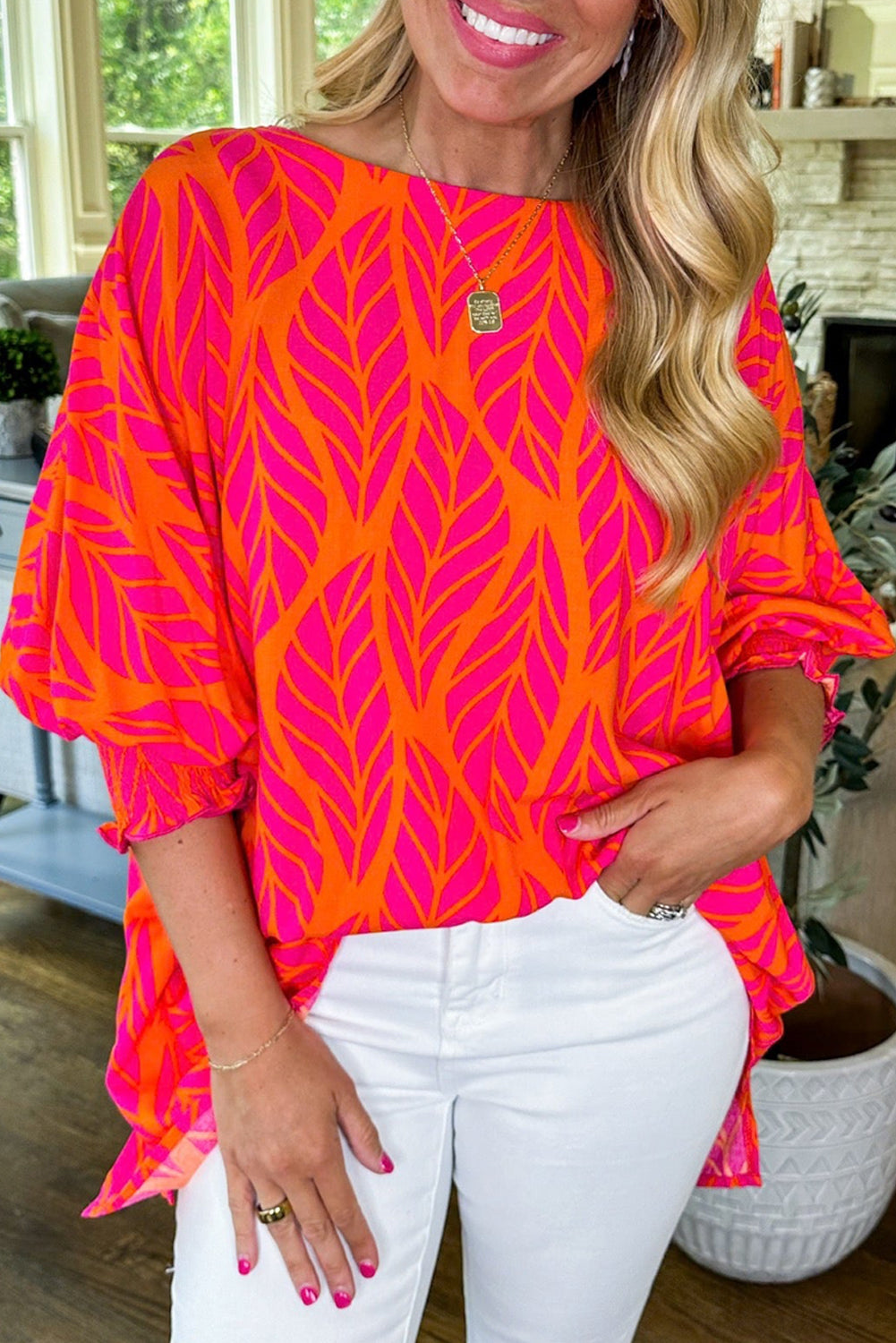 Xaria Blouse | Rose Tropical Leaf Smocked Puff Sleeve Top