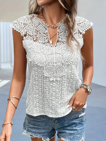 Dorelyn Top | Sleeveless Lace V-Neck Top with Floral Detail and Feminine Fit