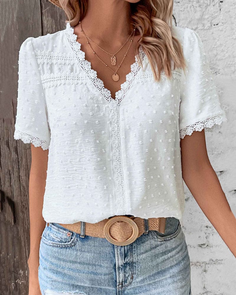 Blythe Lace Blouse | Women’s Elegant Lace V-Neck Blouse with Short Sleeves