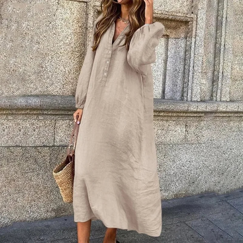 Blyveth Linen Maxi Dress | Long-Sleeve V-Neck Button-Up Flowy Dress for Women