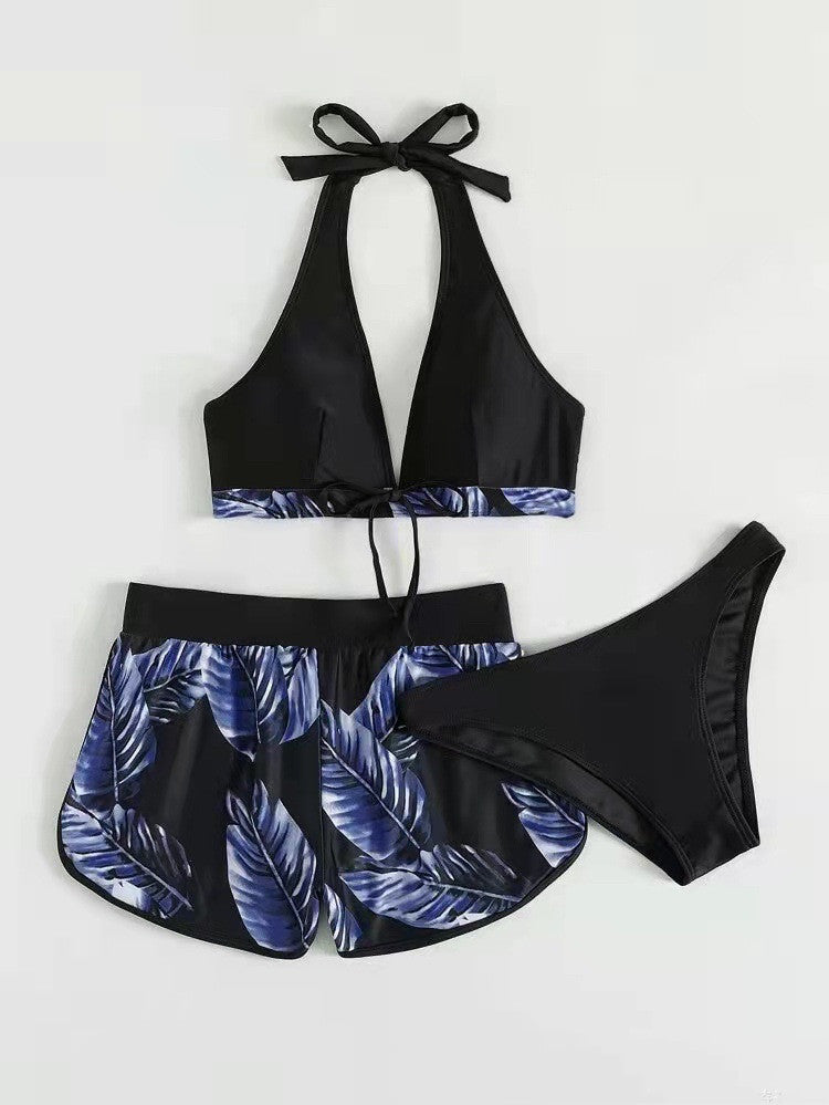 Dalvienne Bikini Set | Halter Bikini Top with High-Waisted Tropical Print Swim Shorts