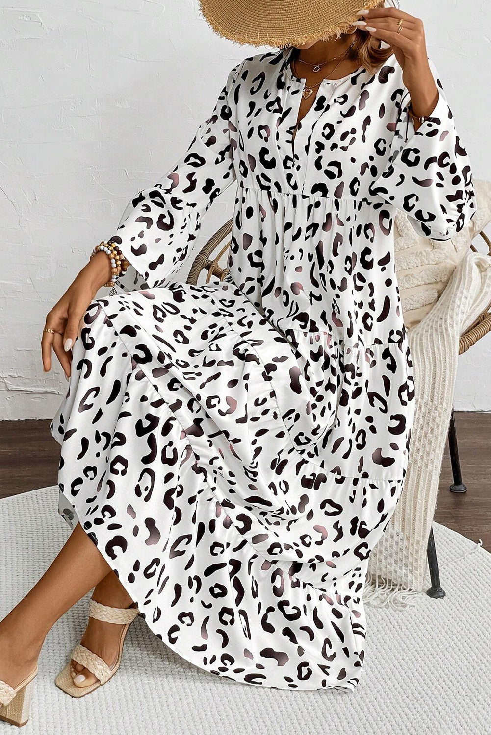 Ximena Maxi Dress | White Leopard Print Loose Fit Dress