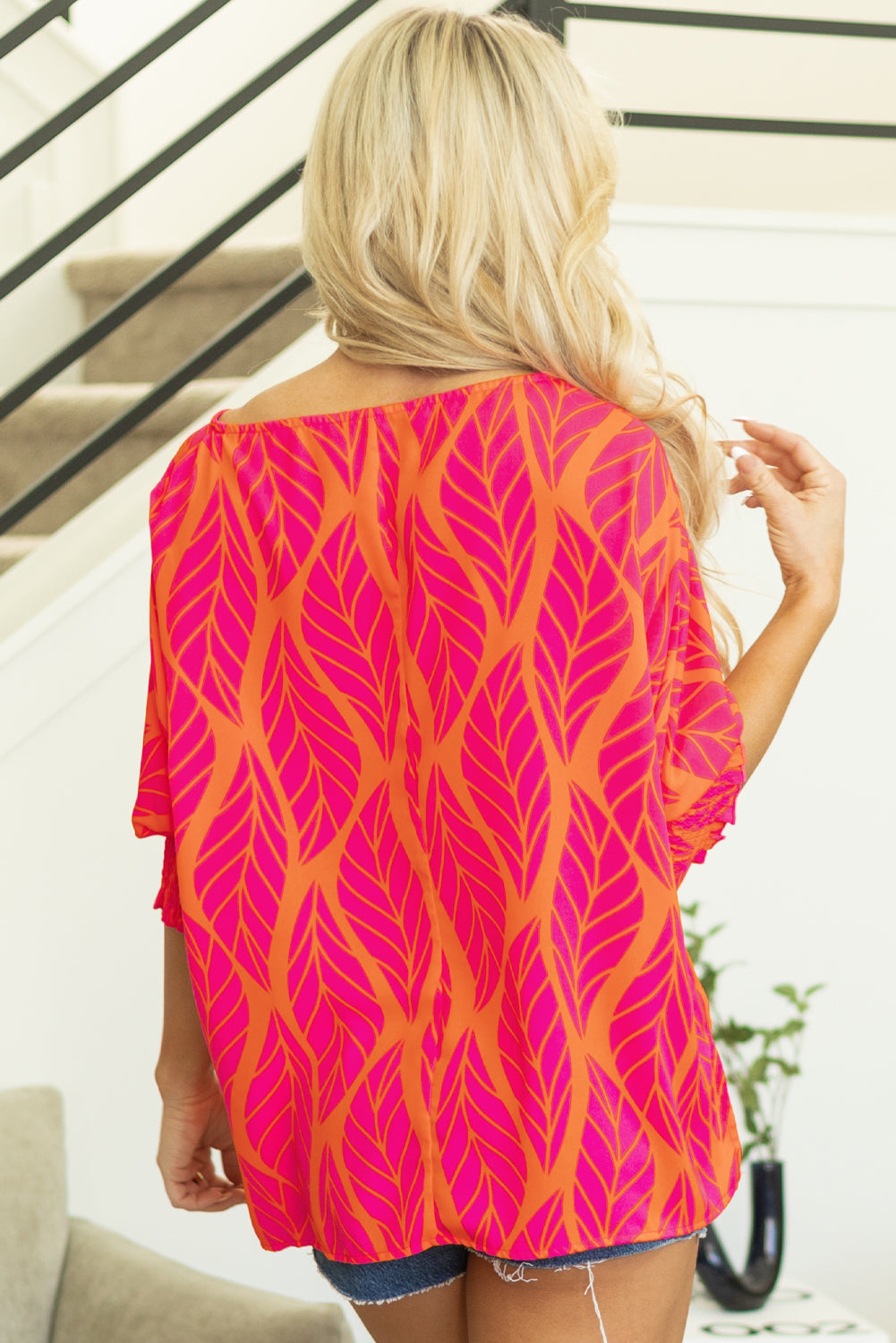 Xaria Blouse | Rose Tropical Leaf Smocked Puff Sleeve Top
