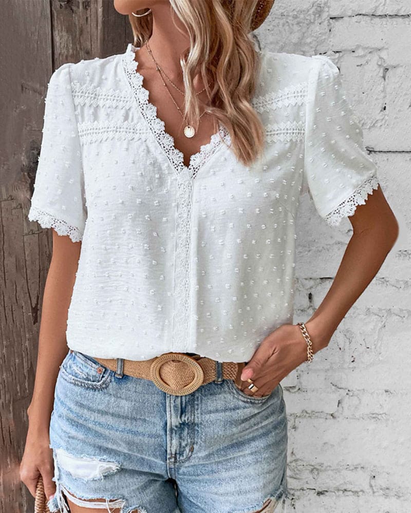 Blythe Lace Blouse | Women’s Elegant Lace V-Neck Blouse with Short Sleeves