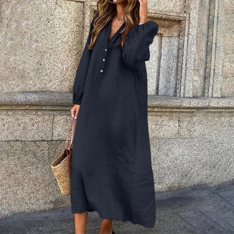Blyveth Linen Maxi Dress | Long-Sleeve V-Neck Button-Up Flowy Dress for Women