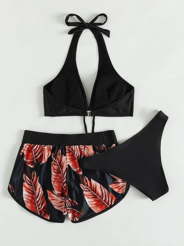 Dalvienne Bikini Set | Halter Bikini Top with High-Waisted Tropical Print Swim Shorts