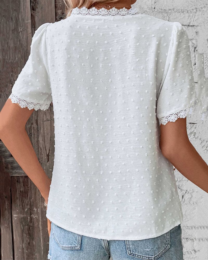 Blythe Lace Blouse | Women’s Elegant Lace V-Neck Blouse with Short Sleeves