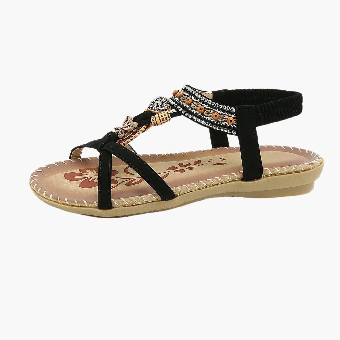 Amber Flat Sandals | Women’s Beaded Boho Sandals with Elastic Strap and Flexible Sole