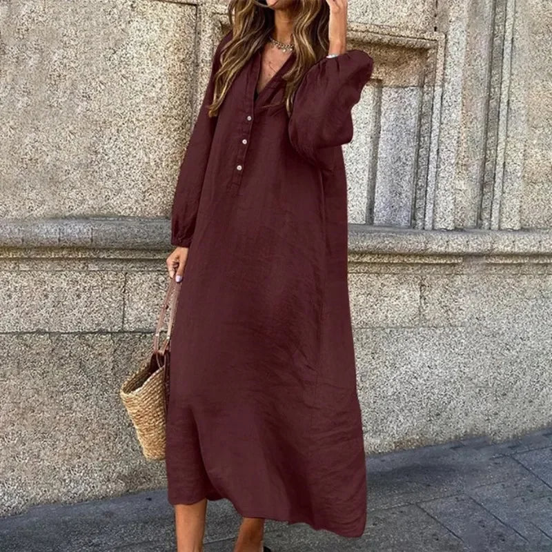 Blyveth Linen Maxi Dress | Long-Sleeve V-Neck Button-Up Flowy Dress for Women
