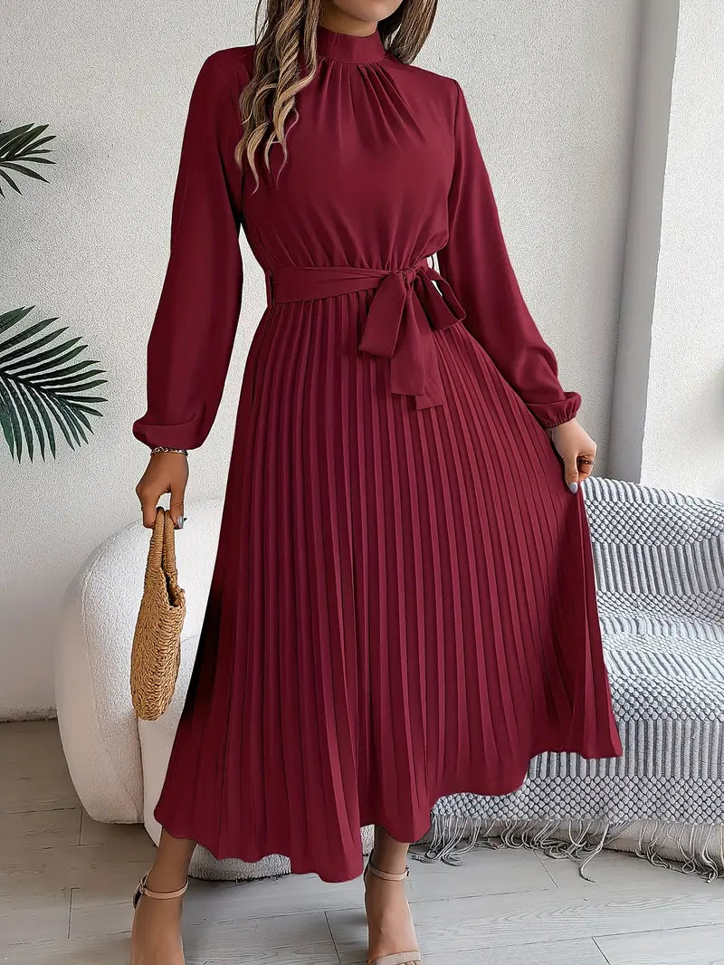 Bethan Midi Dress | Women’s Elegant Midi Dress with Stand Collar and Pleated Waist Belt