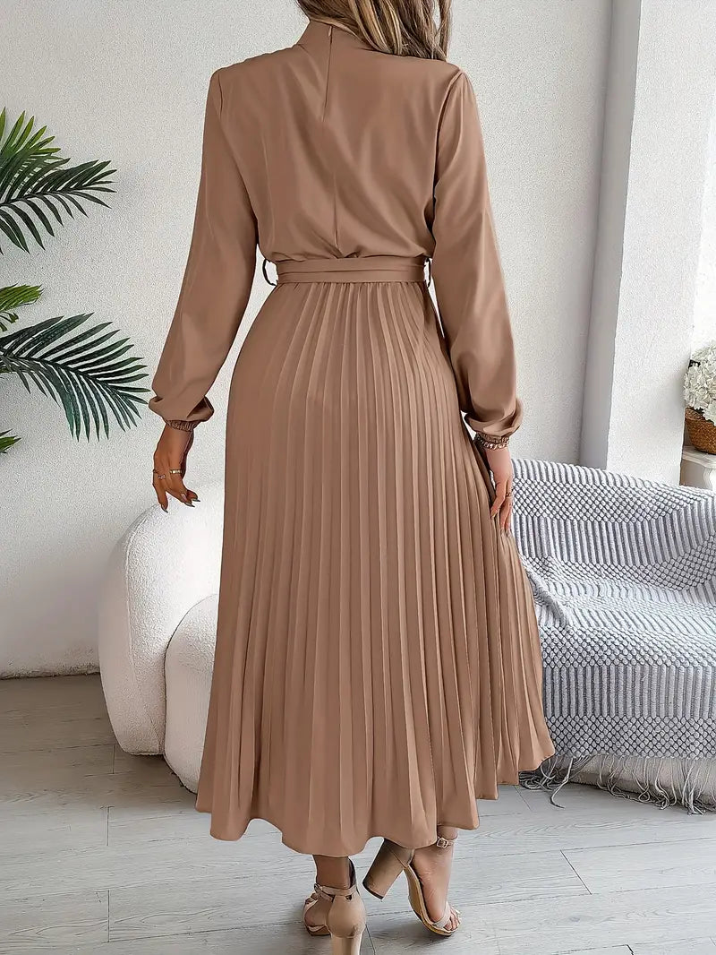Bethan Midi Dress | Women’s Elegant Midi Dress with Stand Collar and Pleated Waist Belt