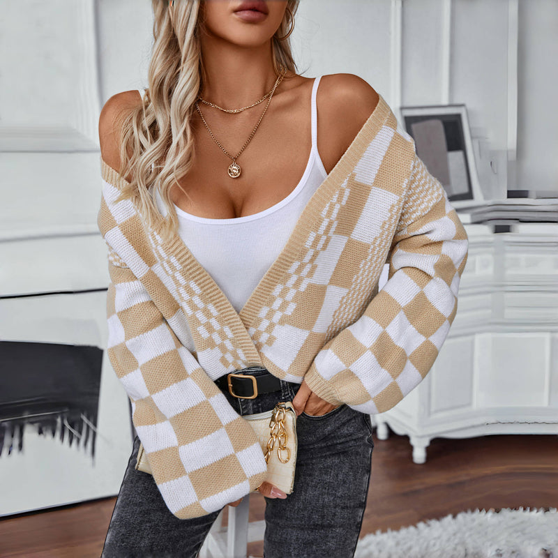 Odina Cardigan | Women's Autumn Casual Checked Knitted Cardigan