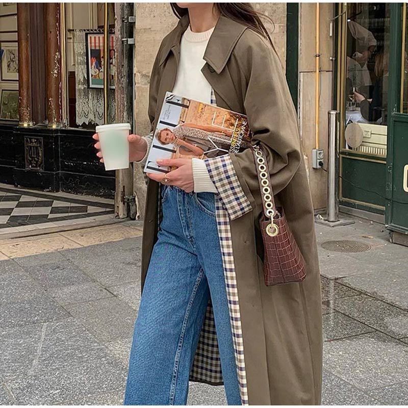 Rafaela Trench Coat | Women's Autumn Long Trench Coat with Grid Lining