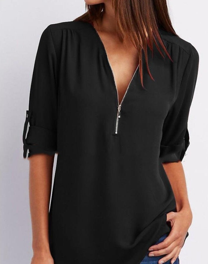 Nerida Top | Women's Autumn Zip V-Neck Loose Top