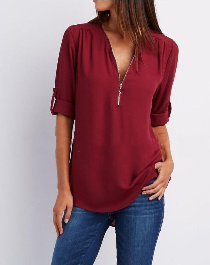 Nerida Top | Women's Autumn Zip V-Neck Loose Top