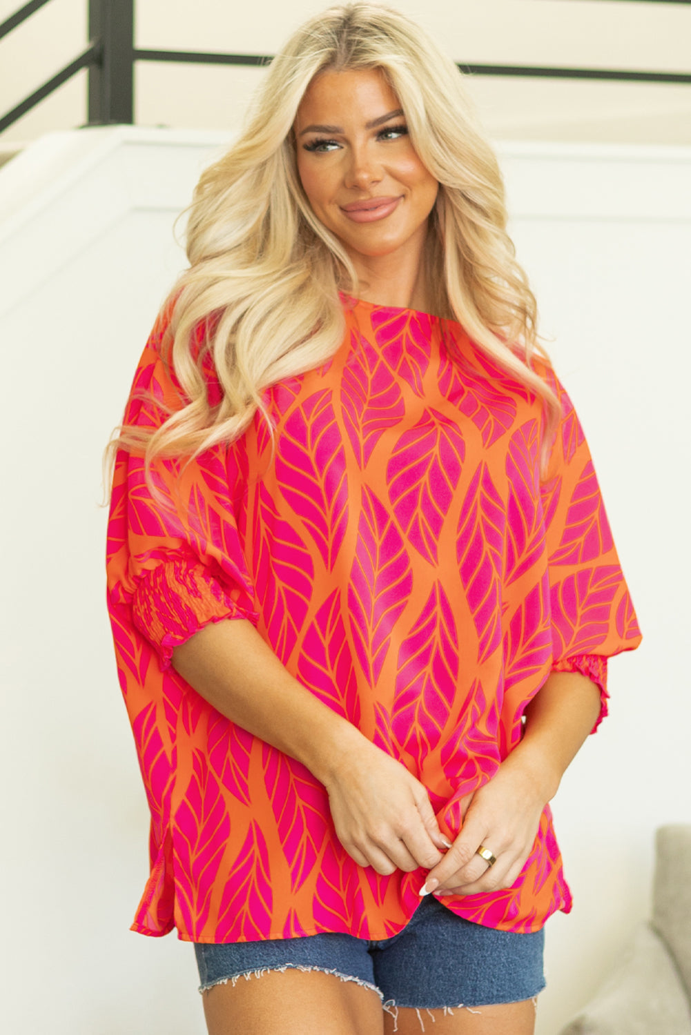 Xaria Blouse | Rose Tropical Leaf Smocked Puff Sleeve Top