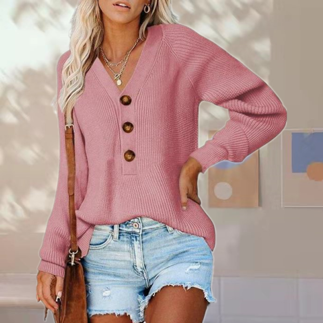 Nahlah Jumper | Women's Autumn Buttoned V-Neck Knitted Jumper