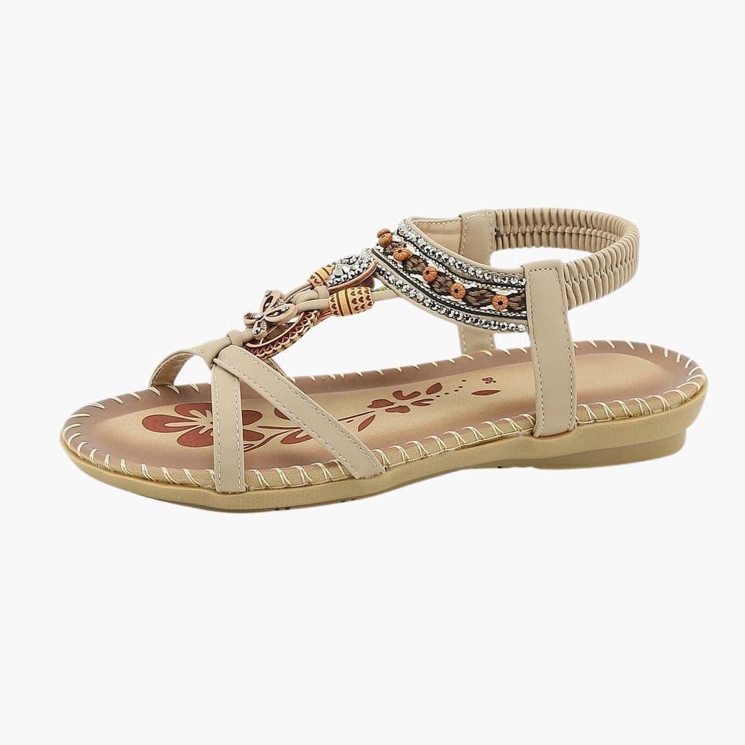 Amber Flat Sandals | Women’s Beaded Boho Sandals with Elastic Strap and Flexible Sole