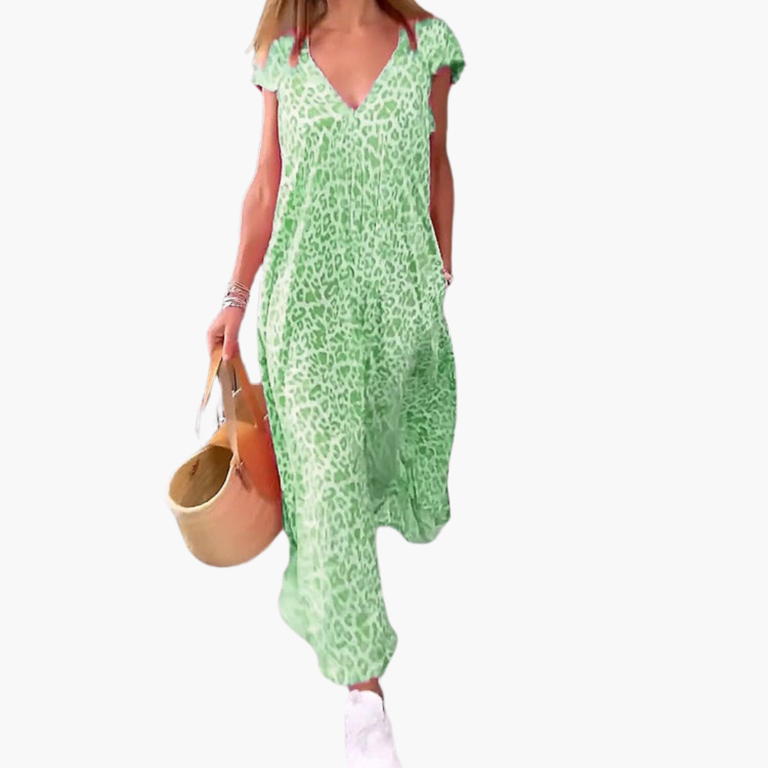 Amelia Midi Dress | Women’s Leopard Print V-Neck Midi Dress with Loose Fit