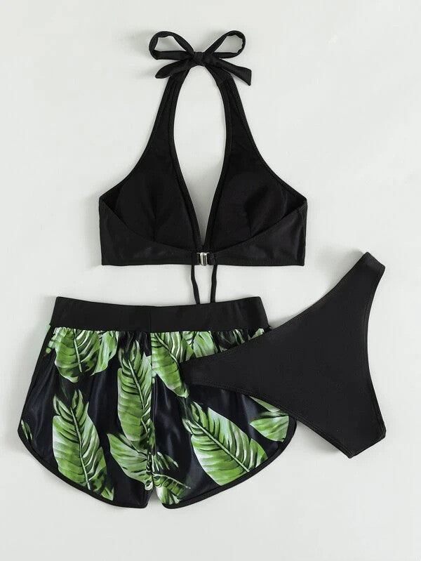 Dalvienne Bikini Set | Halter Bikini Top with High-Waisted Tropical Print Swim Shorts